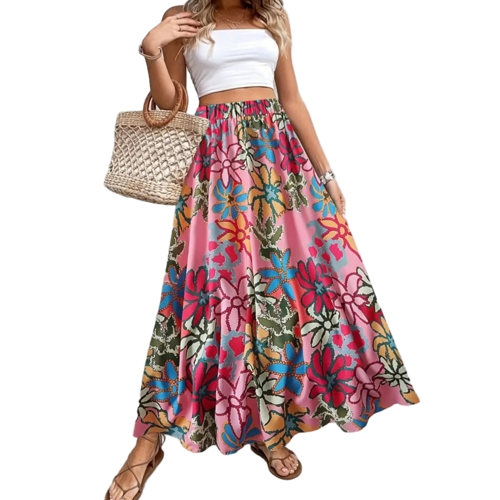 Boho Floral Skirt Earrings Set Two-piece Outfit Bohemian Skirts Pink Red Flower - Picture 4 of 11